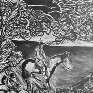 Monochrome painting of rider on horse under trees