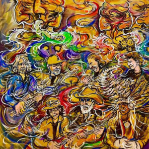 Vibrant psychedelic painting of musicians playing instruments