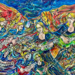 Vibrant psychedelic montage of female musicians playing guitars