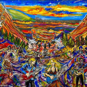 Colorful painting of band performing at amphitheater