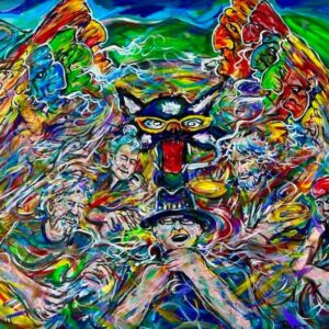 Colorful psychedelic painting of faces around cat