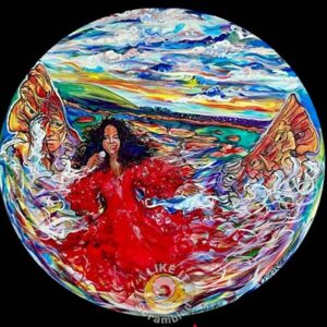 Woman in red dress with colorful wings