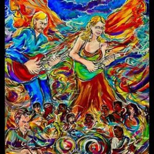 Colorful painting of winged musicians with children