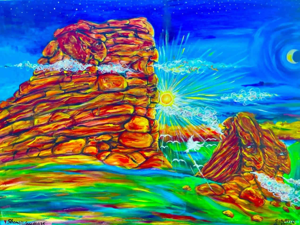 Colorful surreal landscape with red rock formations