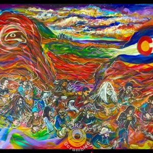 Colorful psychedelic mural of Colorado musicians