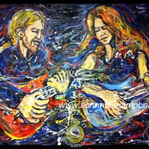 Vibrant painting of two guitarists playing together