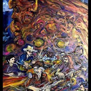 Colorful abstract painting of multiple guitarists