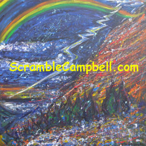 Abstract rainbow and lightning bolt painting, colorful hillside