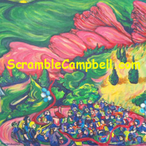 Vibrant crowd in whimsical hillside painting