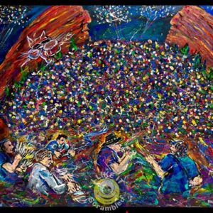 Vibrant painting of musicians under confetti sky