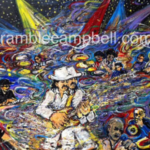 Vibrant psychedelic band painting with central guitarist