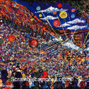 Colorful abstract concert crowd under cosmic sky