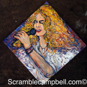 Colorful painting of blonde woman singing into microphone