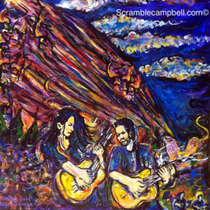 Colorful painting of two guitarists outdoors