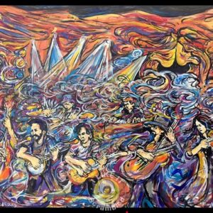 Colorful abstract painting of band performing live