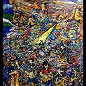 Vibrant abstract painting of musicians performing