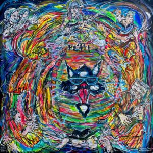 Psychedelic cat surrounded by musicians