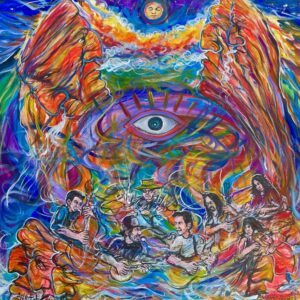 Psychedelic painting of musicians surrounding a central eye
