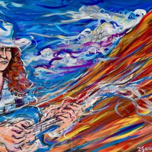 Colorful painting of guitarist emitting flowing colors