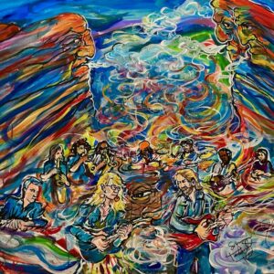 Psychedelic band performing under colorful swirling sky